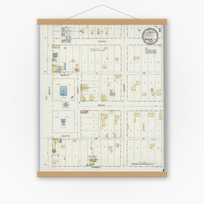 Old map wall art mockup — magnetic wood frame on white wall — Sanborn Fire Insurance Map from Uvalde, Uvalde County, Texas (1894) - Complete Map Set