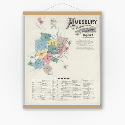 Old map wall art mockup — magnetic wood frame on white wall — Sanborn Fire Insurance Map from Amesbury, Essex County, Massachusetts (1894), Sheet #0001