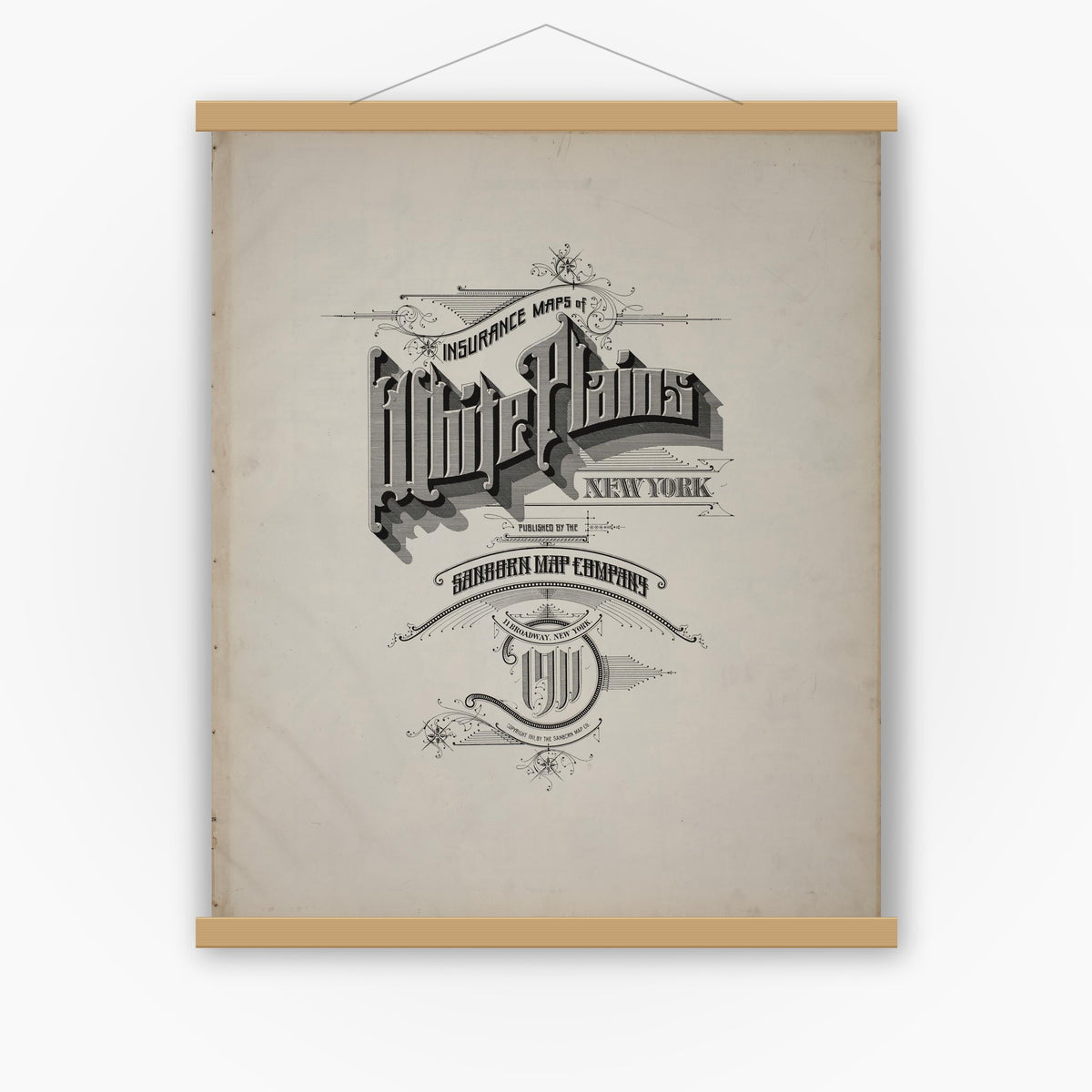 Old map wall art mockup — magnetic wood frame on white wall — Sanborn Fire Insurance Map from White Plains, Westchester County, New York (1911), Sheet #0001