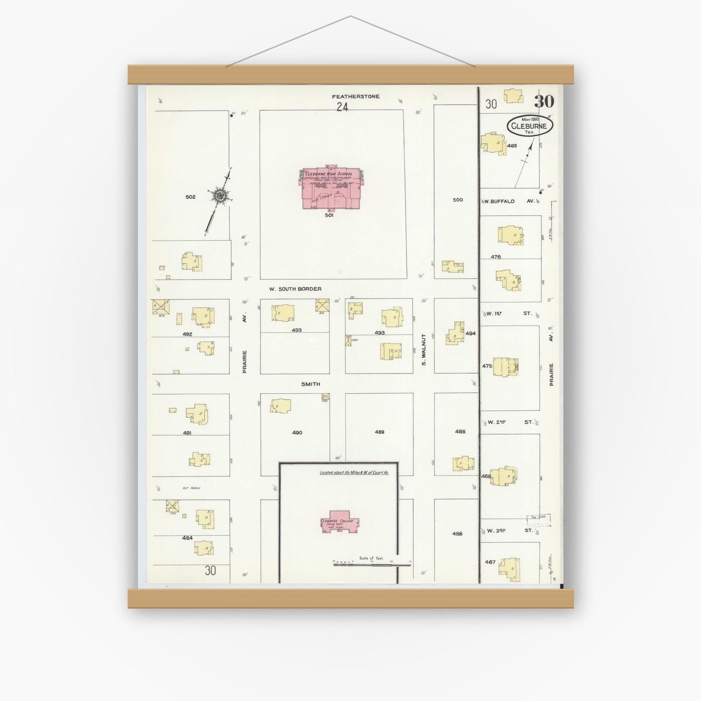 Old map wall art mockup — magnetic wood frame on white wall — Sanborn Fire Insurance Map from Cleburne, Johnson County, Texas (1910), Sheet #0030