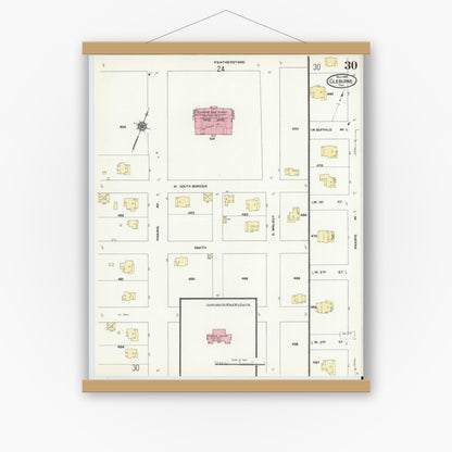 Old map wall art mockup — magnetic wood frame on white wall — Sanborn Fire Insurance Map from Cleburne, Johnson County, Texas (1910), Sheet #0030