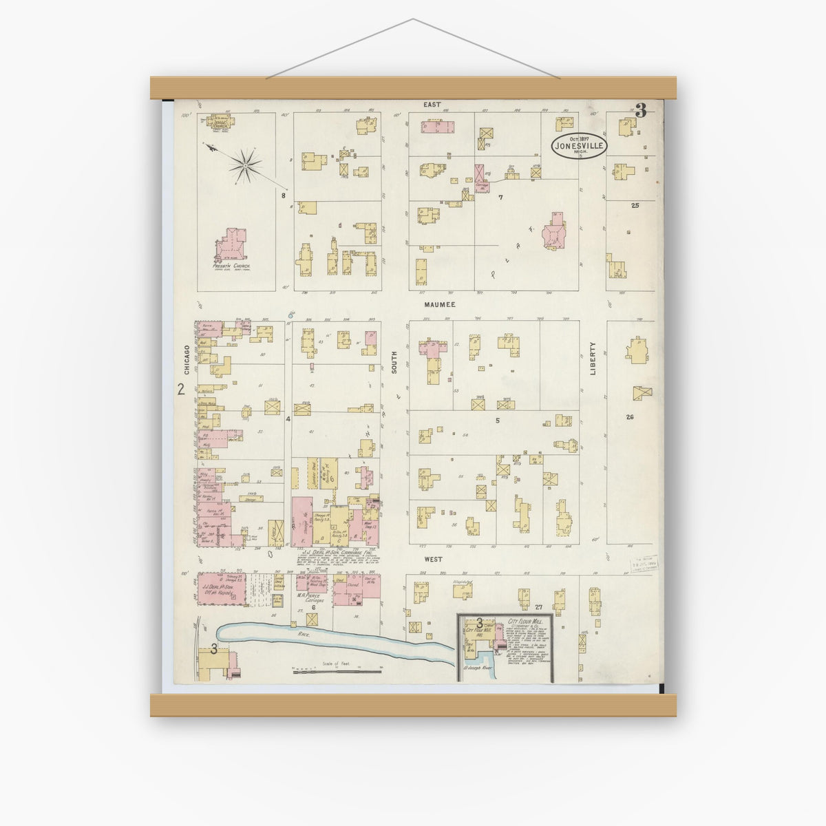 Old map wall art mockup — magnetic wood frame on white wall — Sanborn Fire Insurance Map from Jonesville, Hillsdale County, Michigan (1897), Sheet #0003