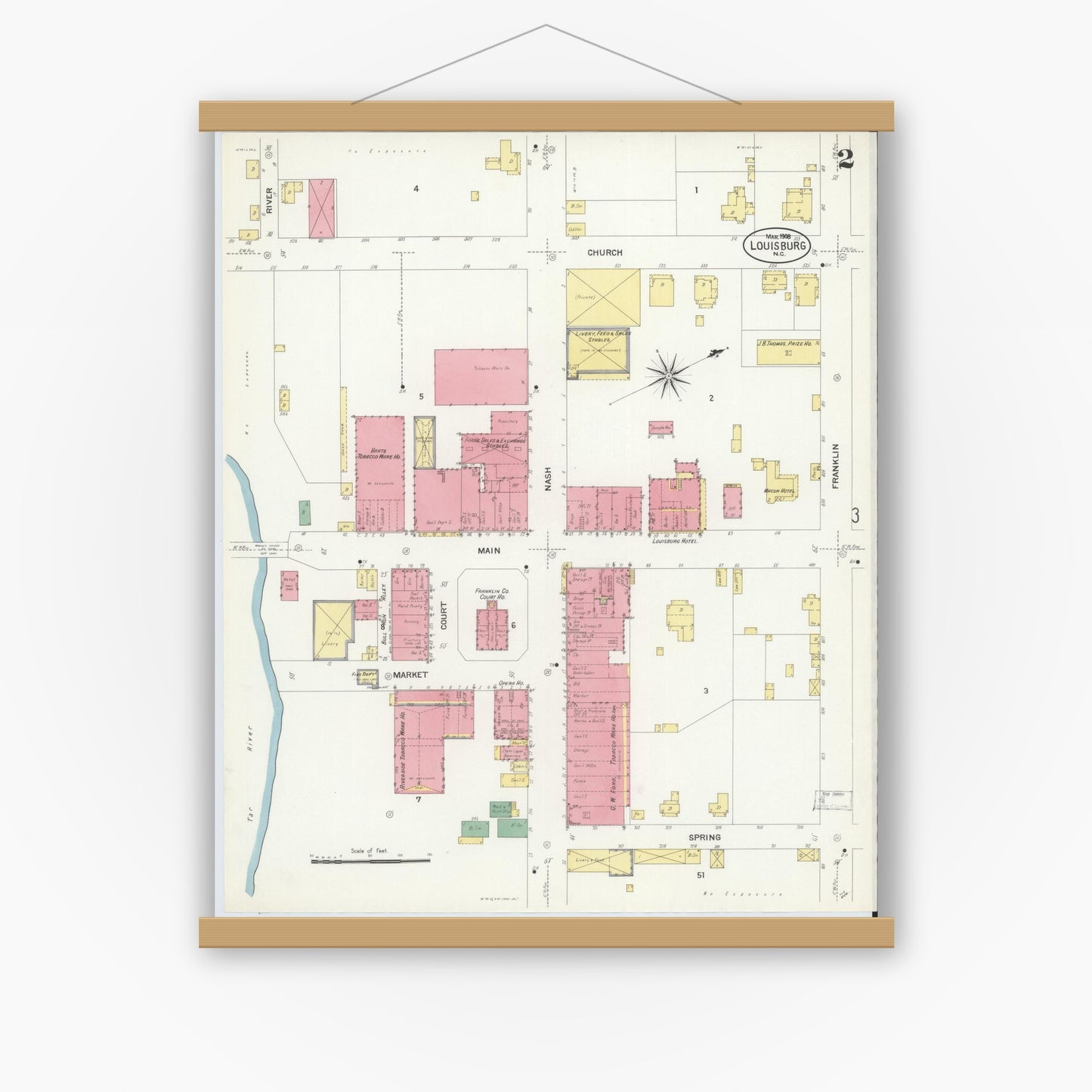 Old map wall art mockup — magnetic wood frame on white wall — Sanborn Fire Insurance Map from Louisburg, Franklin County, North Carolina (1908), Sheet #0002