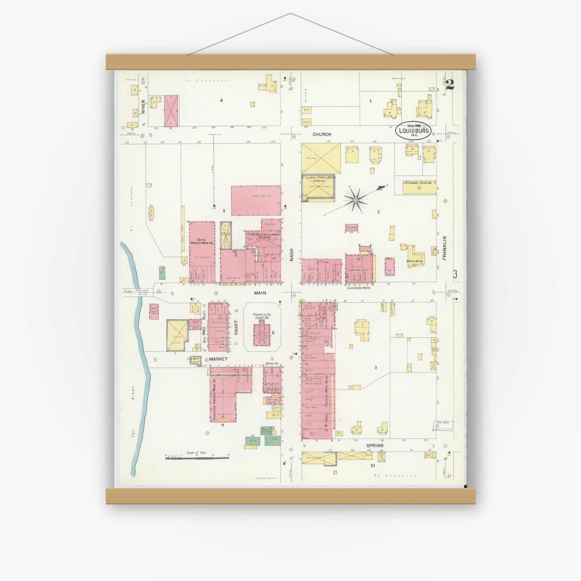Old map wall art mockup — magnetic wood frame on white wall — Sanborn Fire Insurance Map from Louisburg, Franklin County, North Carolina (1908), Sheet #0002