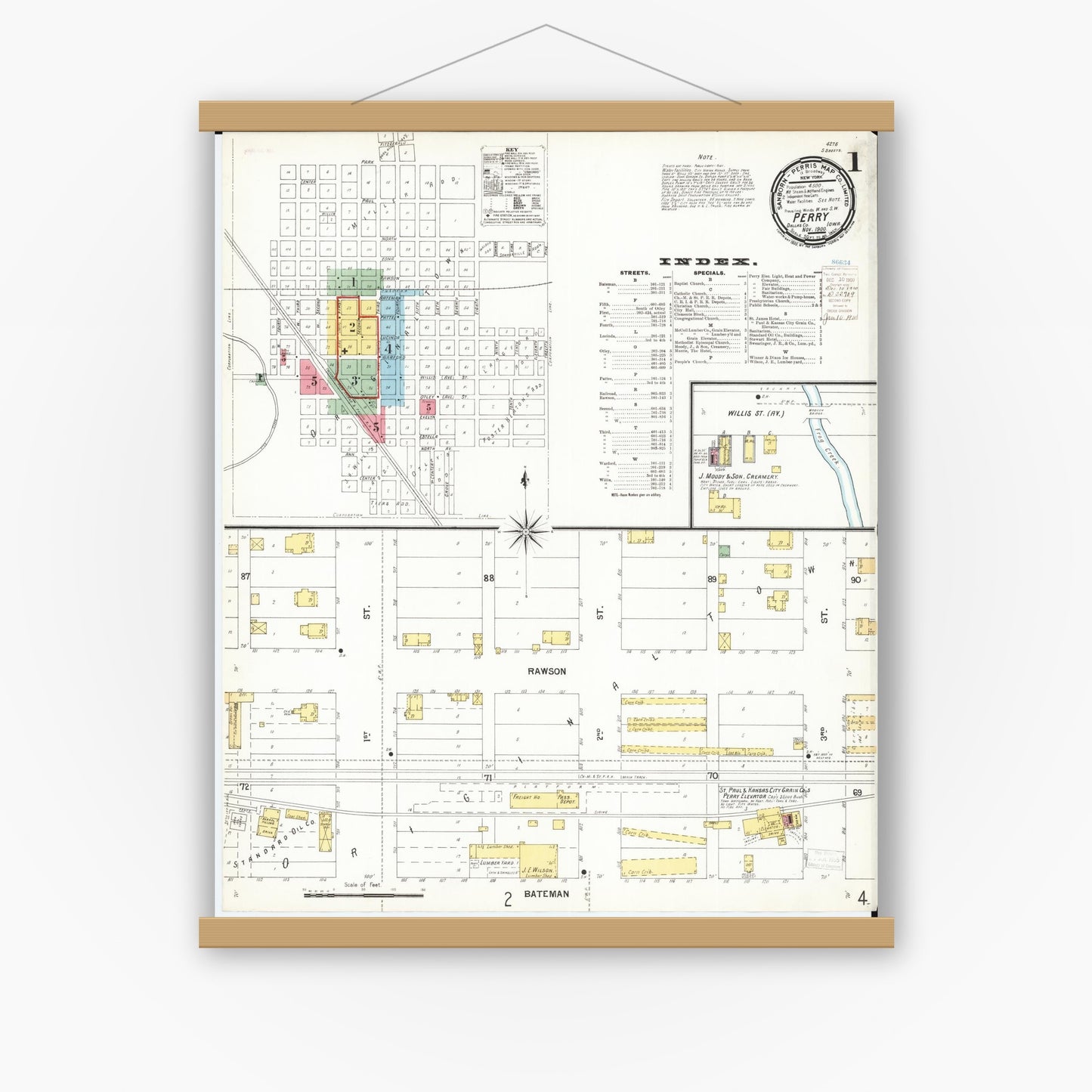 Old map wall art mockup — magnetic wood frame on white wall — Sanborn Fire Insurance Map from Perry, Dallas County, Iowa (1900), Sheet #0001
