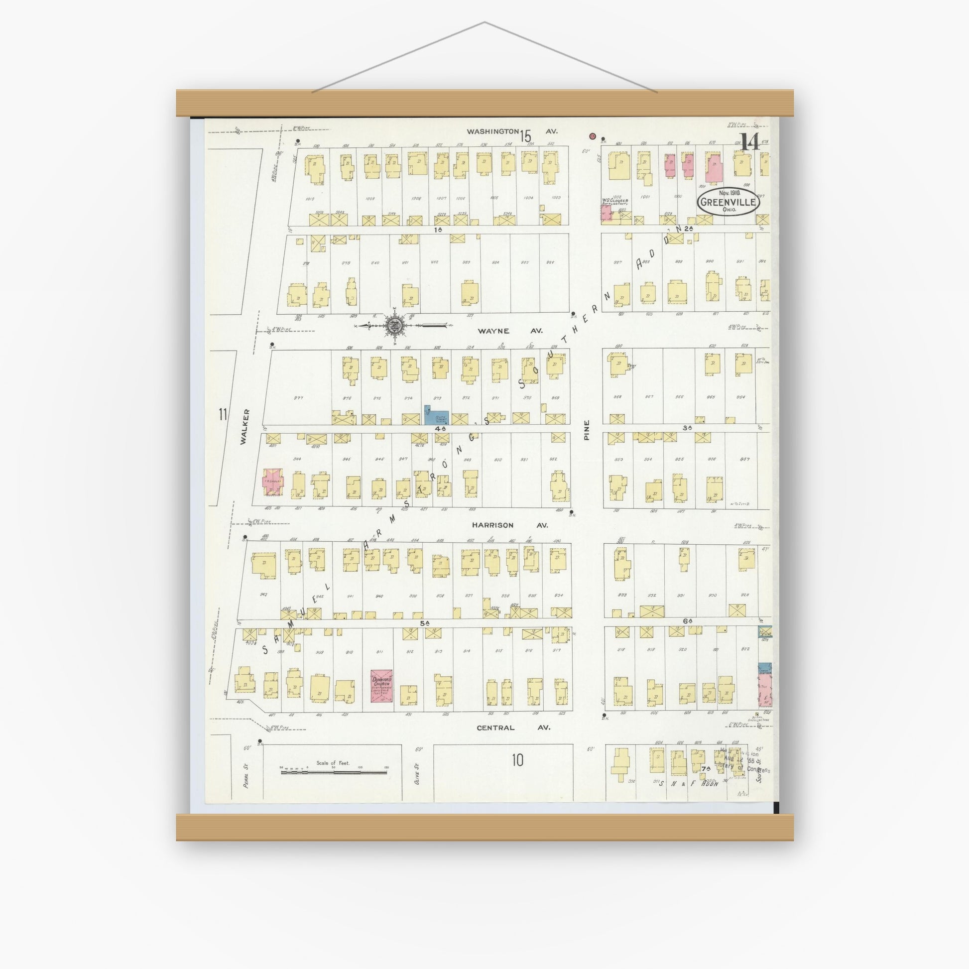 Old map wall art mockup — magnetic wood frame on white wall — Sanborn Fire Insurance Map from Greenville, Darke County, Ohio (1910), Sheet #0014