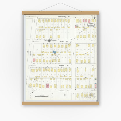 Old map wall art mockup — magnetic wood frame on white wall — Sanborn Fire Insurance Map from Greenville, Darke County, Ohio (1910), Sheet #0014