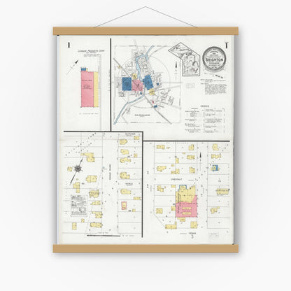 Old map wall art mockup — magnetic wood frame on white wall — Sanborn Fire Insurance Map from Brighton, Livingston County, Michigan (1928) - Complete Map Set