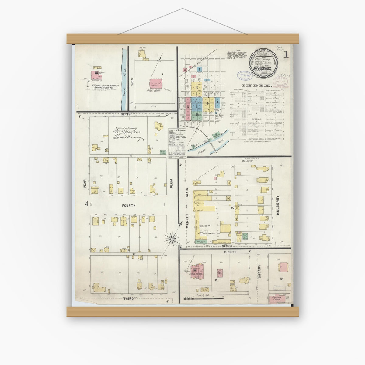 Old map wall art mockup — magnetic wood frame on white wall — Sanborn Fire Insurance Map from Mount Carmel, Wabash County, Illinois (1897) - Complete Map Set