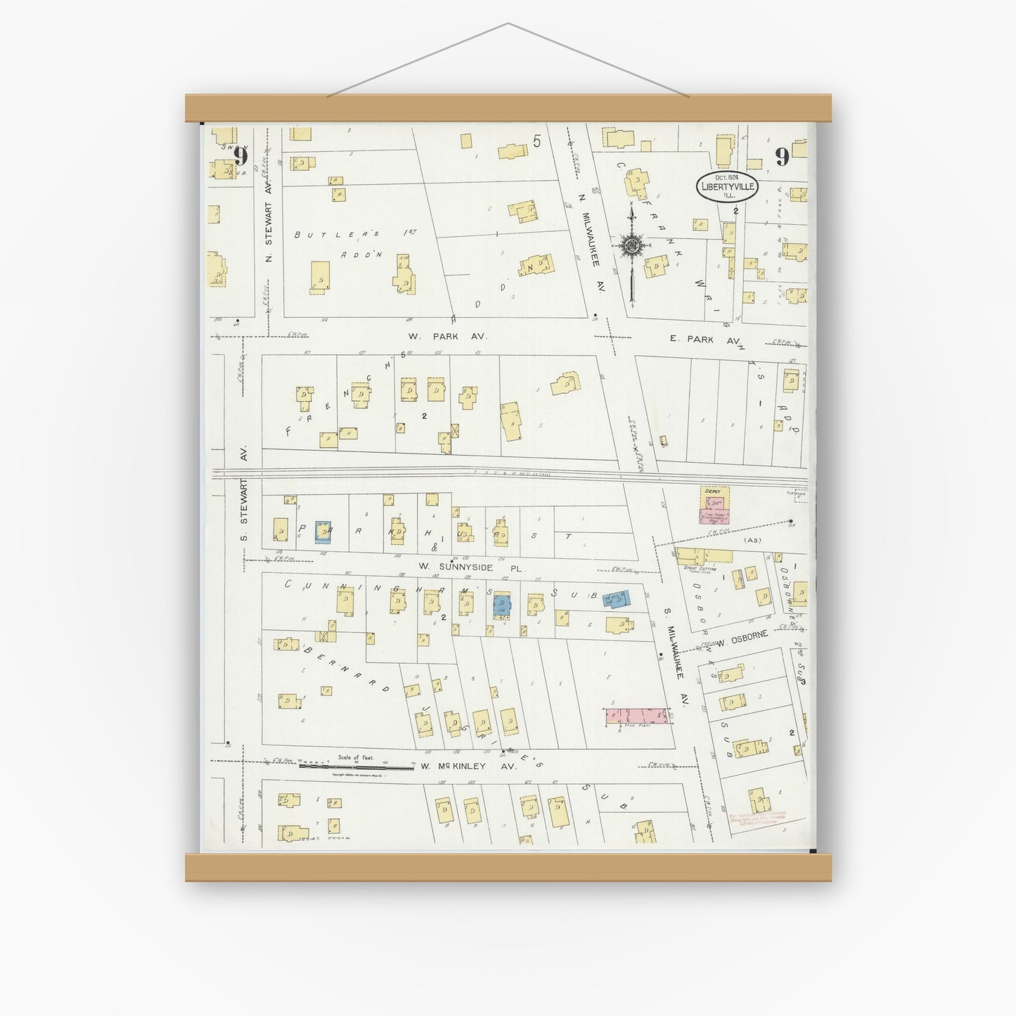 Old map wall art mockup — magnetic wood frame on white wall — Sanborn Fire Insurance Map from Libertyville, Lake County, Illinois (1924), Sheet #0009
