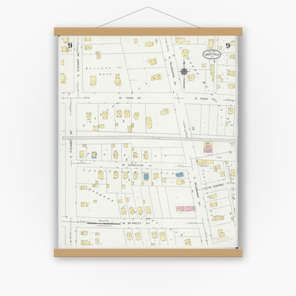 Old map wall art mockup — magnetic wood frame on white wall — Sanborn Fire Insurance Map from Libertyville, Lake County, Illinois (1924), Sheet #0009