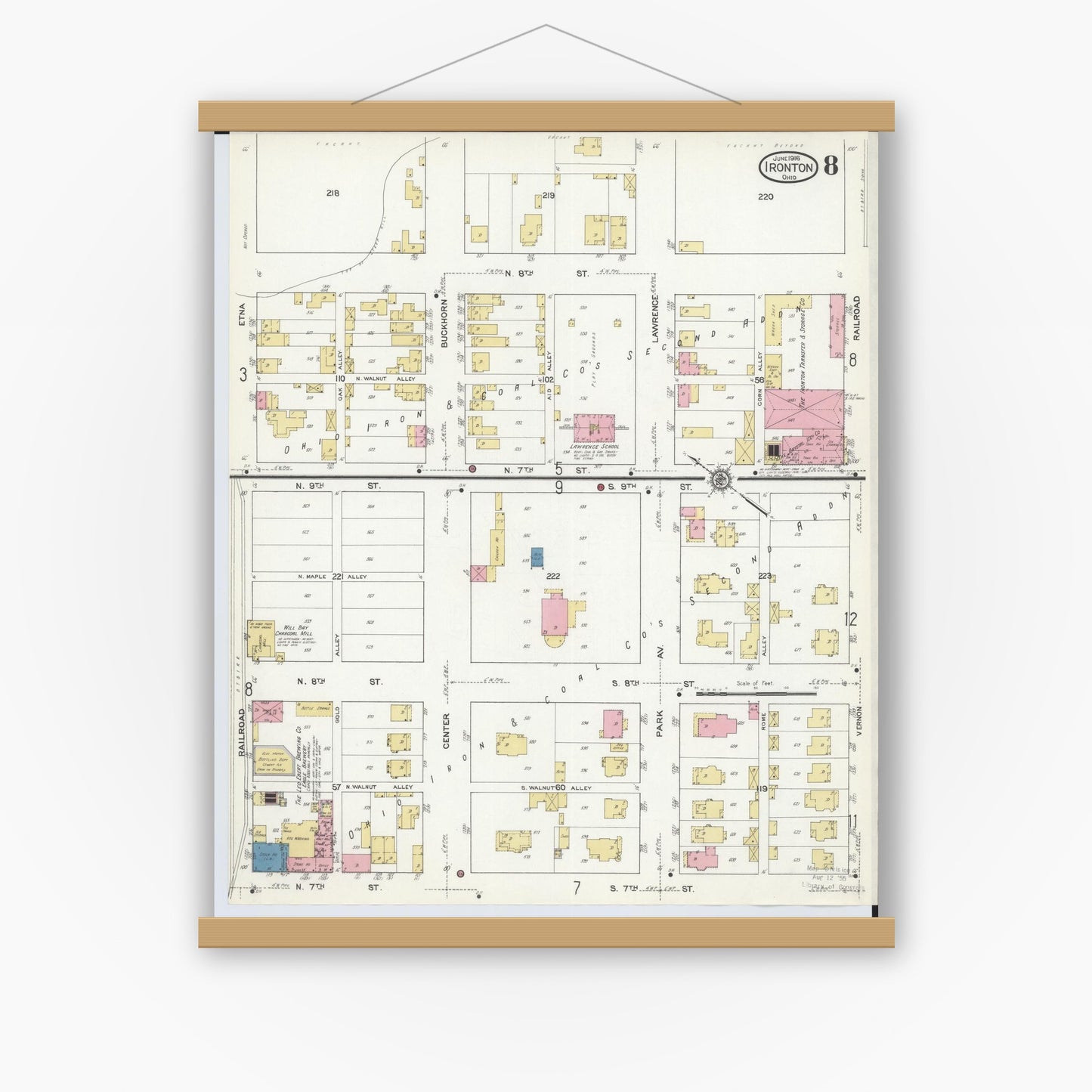 Old map wall art mockup — magnetic wood frame on white wall — Sanborn Fire Insurance Map from Ironton, Lawrence County, Ohio (1916), Sheet #0008