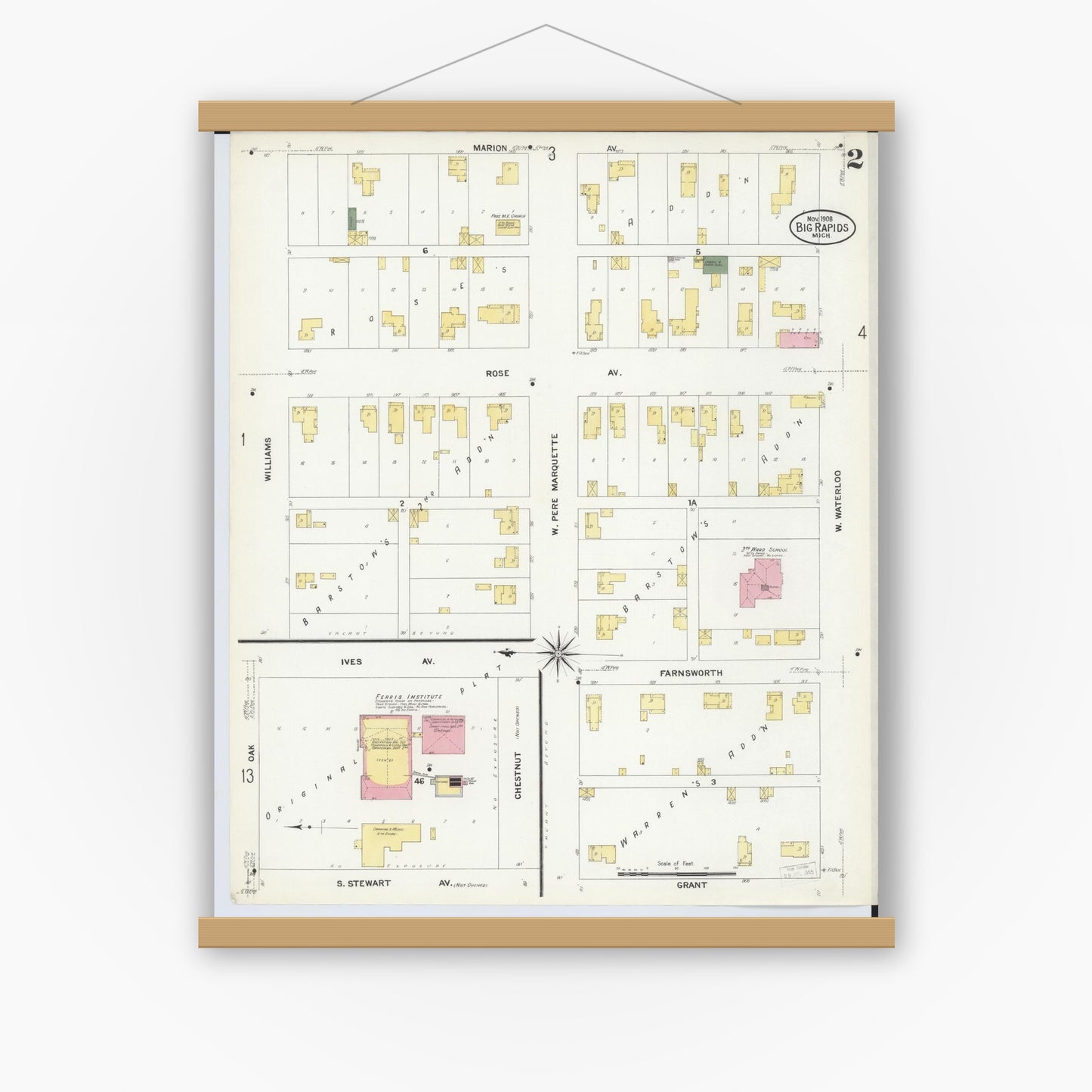 Old map wall art mockup — magnetic wood frame on white wall — Sanborn Fire Insurance Map from Big Rapids, Mecosta County, Michigan (1908), Sheet #0002