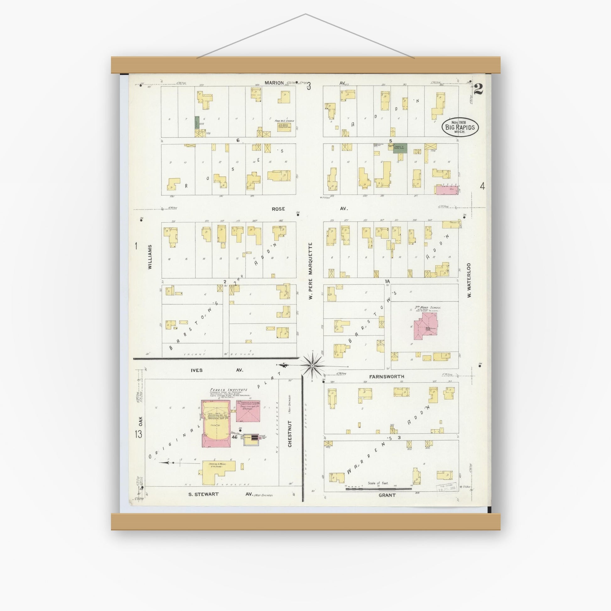 Old map wall art mockup — magnetic wood frame on white wall — Sanborn Fire Insurance Map from Big Rapids, Mecosta County, Michigan (1908), Sheet #0002