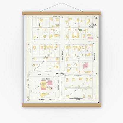 Old map wall art mockup — magnetic wood frame on white wall — Sanborn Fire Insurance Map from Big Rapids, Mecosta County, Michigan (1908), Sheet #0002