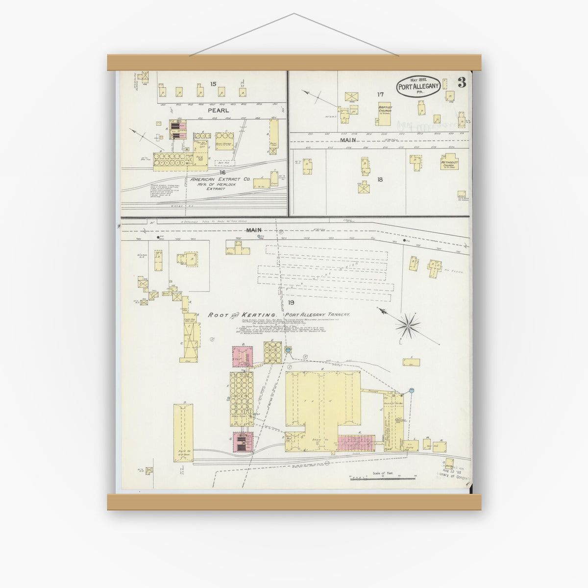 Old map wall art mockup — magnetic wood frame on white wall — Sanborn Fire Insurance Map from Port Allegany, McKean County, Pennsylvania (1892), Sheet #0003