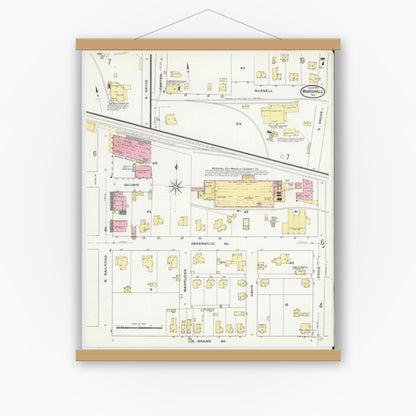 Old map wall art mockup — magnetic wood frame on white wall — Sanborn Fire Insurance Map from Marshall, Harrison County, Texas (1909), Sheet #0007