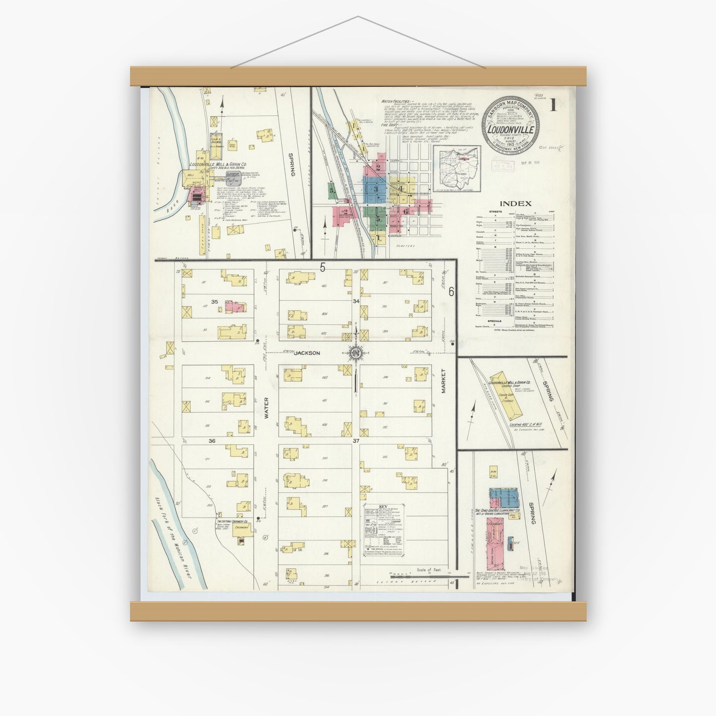 Old map wall art mockup — magnetic wood frame on white wall — Sanborn Fire Insurance Map from Loudonville, Ashland County, Ohio (1913) - Complete Map Set