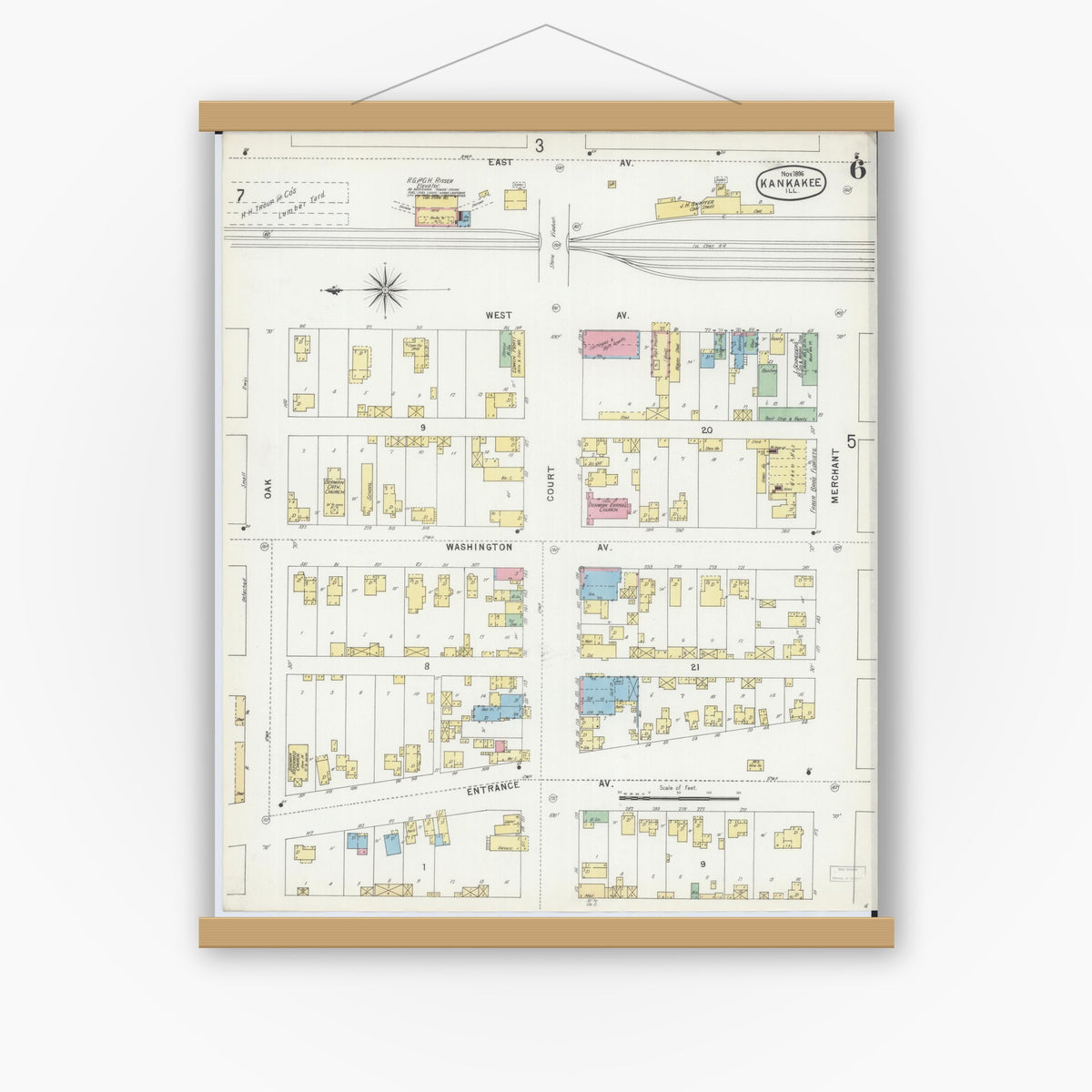 Old map wall art mockup — magnetic wood frame on white wall — Sanborn Fire Insurance Map from Kankakee, Kankakee County, Illinois (1896), Sheet #0006