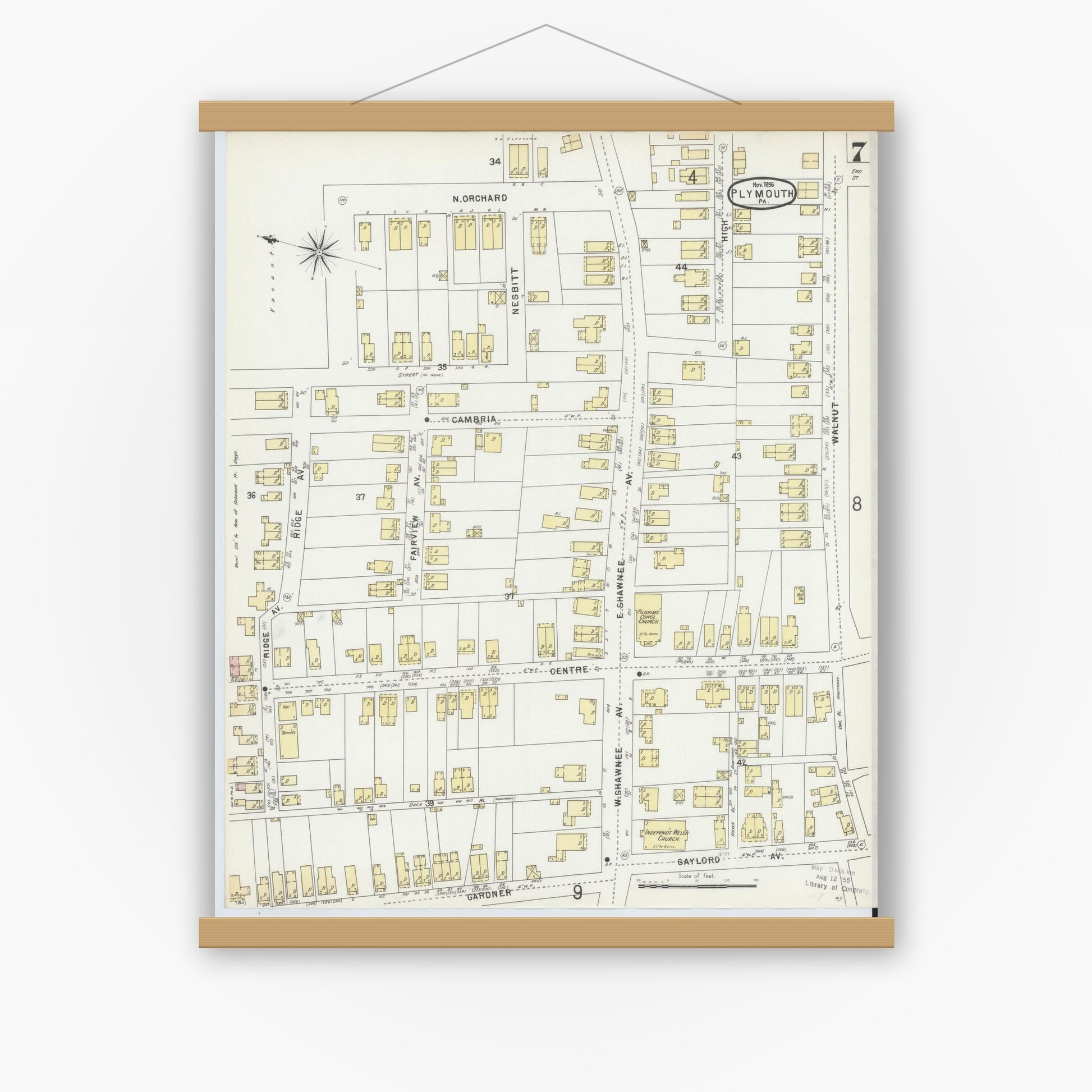 Old map wall art mockup — magnetic wood frame on white wall — Sanborn Fire Insurance Map from Plymouth, Luzerne County, Pennsylvania (1896), Sheet #0007