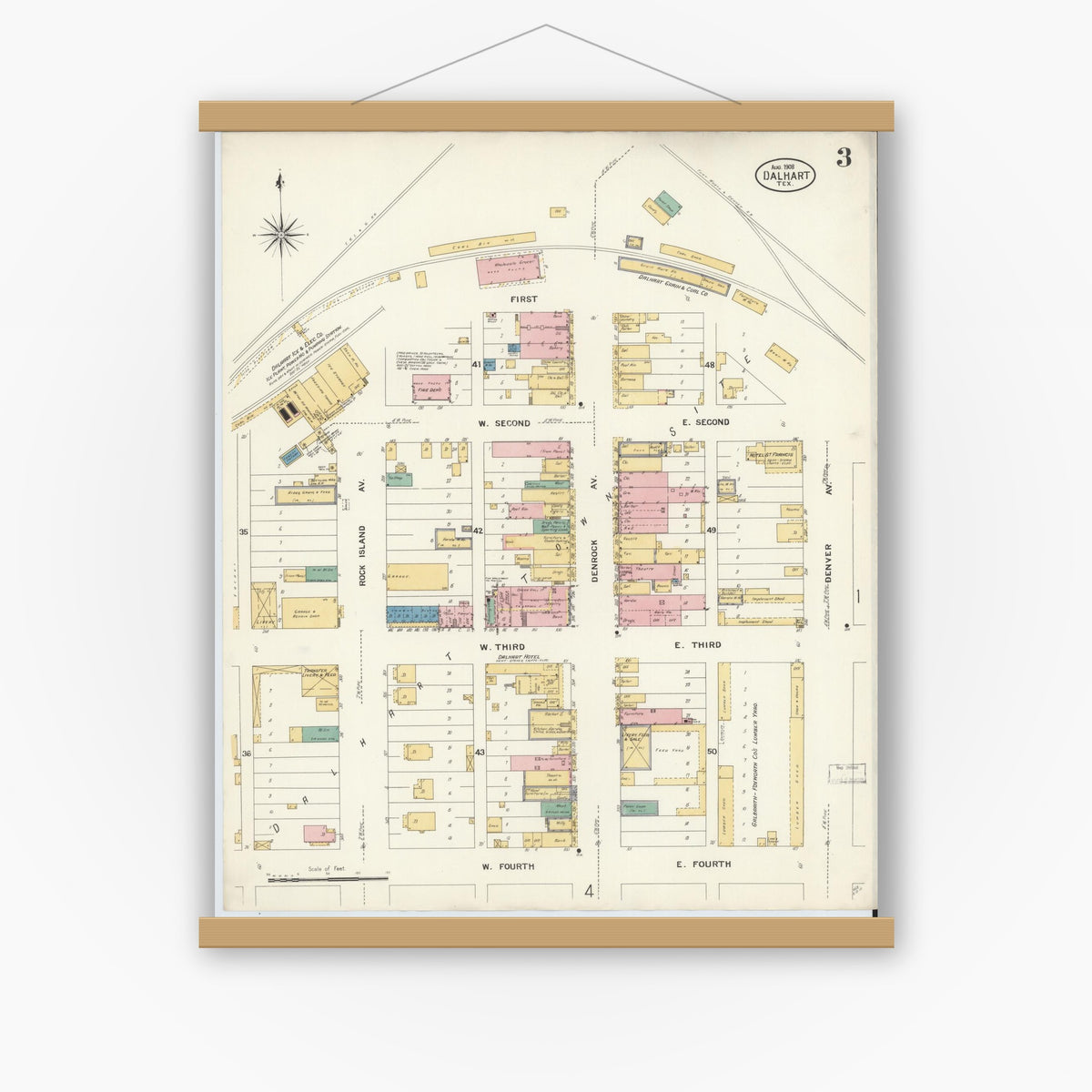 Old map wall art mockup — magnetic wood frame on white wall — Sanborn Fire Insurance Map from Dalhart, Dallam And Hartley County, Texas (1908), Sheet #0003