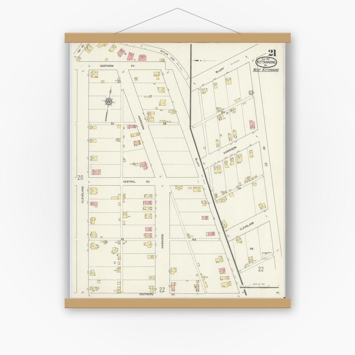 Old map wall art mockup — magnetic wood frame on white wall — Sanborn Fire Insurance Map from Kittanning, Armstrong County, Pennsylvania (1913), Sheet #0021