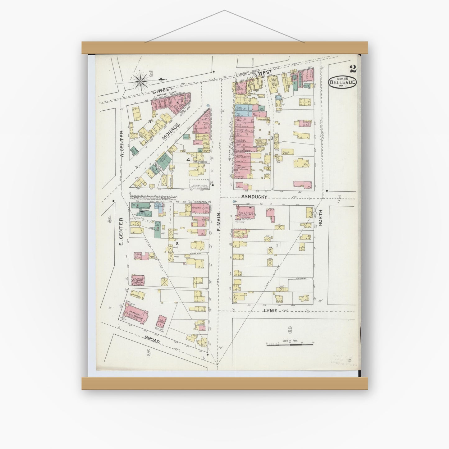 Old map wall art mockup — magnetic wood frame on white wall — Sanborn Fire Insurance Map from Bellevue, Huron And Sandusky County, Ohio (1893), Sheet #0002