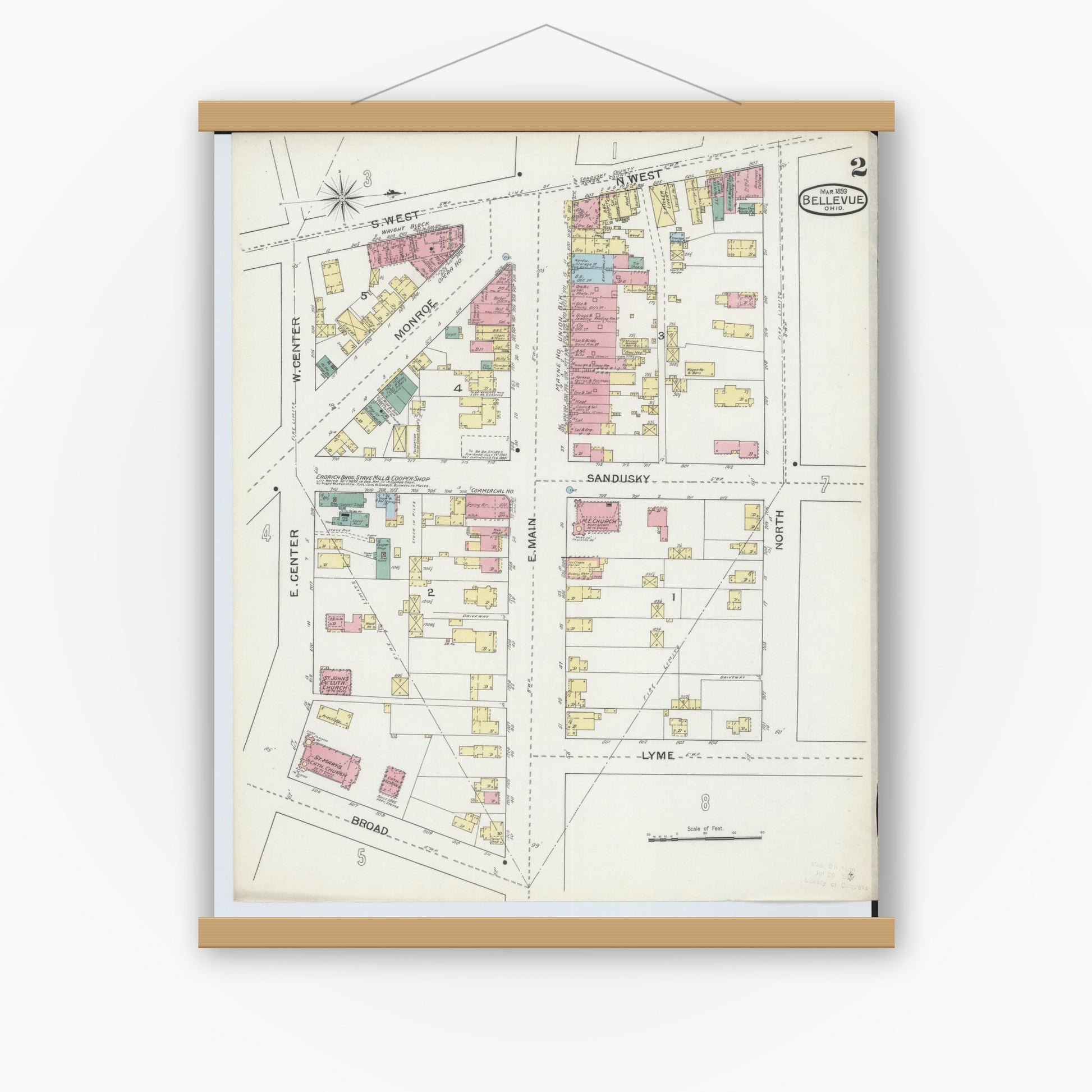 Old map wall art mockup — magnetic wood frame on white wall — Sanborn Fire Insurance Map from Bellevue, Huron And Sandusky County, Ohio (1893), Sheet #0002