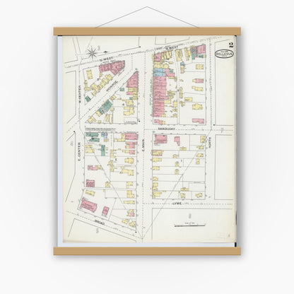 Old map wall art mockup — magnetic wood frame on white wall — Sanborn Fire Insurance Map from Bellevue, Huron And Sandusky County, Ohio (1893), Sheet #0002