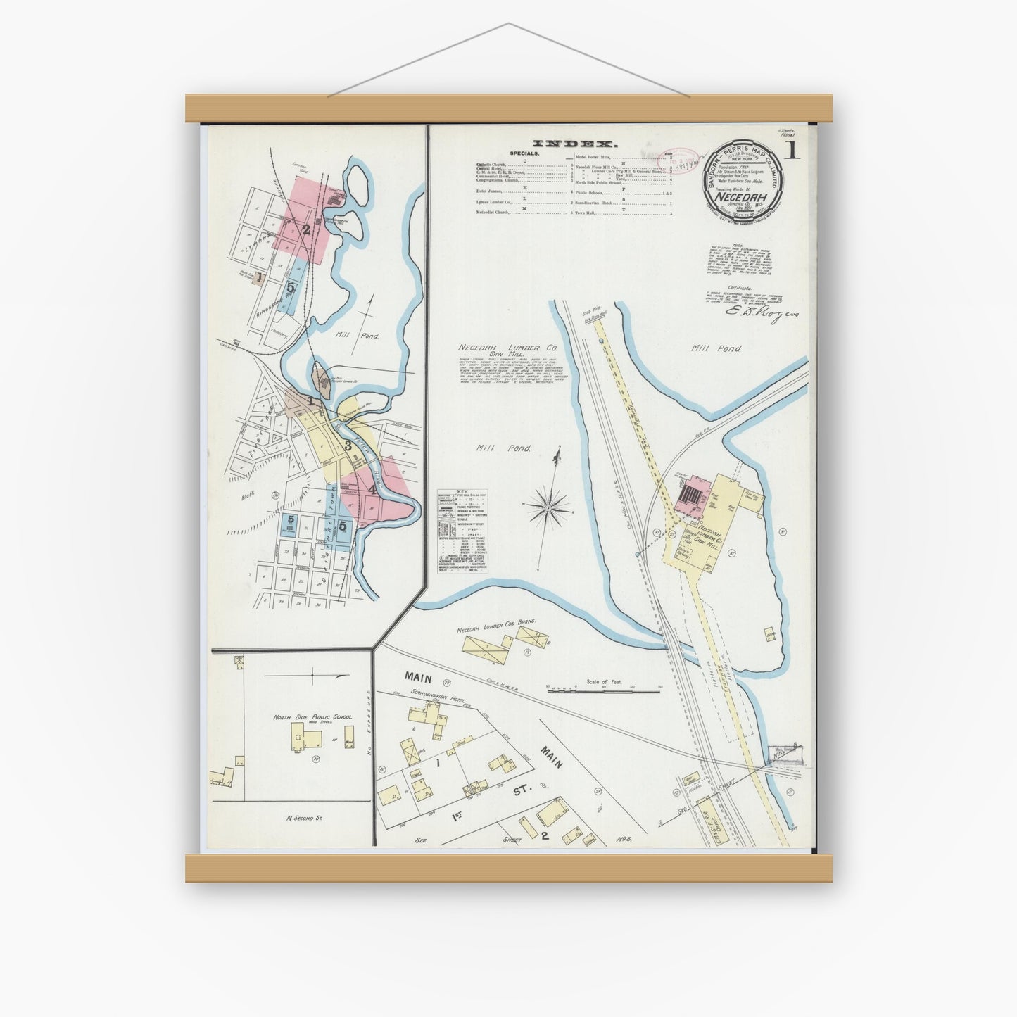 Old map wall art mockup — magnetic wood frame on white wall — Sanborn Fire Insurance Map from Necedah, Juneau County, Wisconsin (1891), Sheet #0001