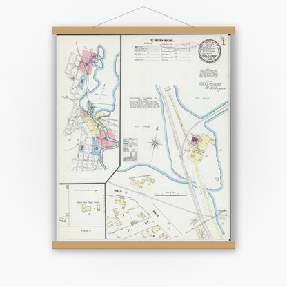 Old map wall art mockup — magnetic wood frame on white wall — Sanborn Fire Insurance Map from Necedah, Juneau County, Wisconsin (1891), Sheet #0001
