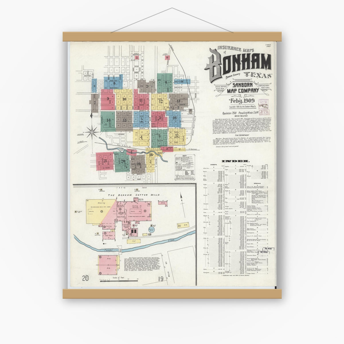 Old map wall art mockup — magnetic wood frame on white wall — Sanborn Fire Insurance Map from Bonham, Fannin County, Texas (1909) - Complete Map Set