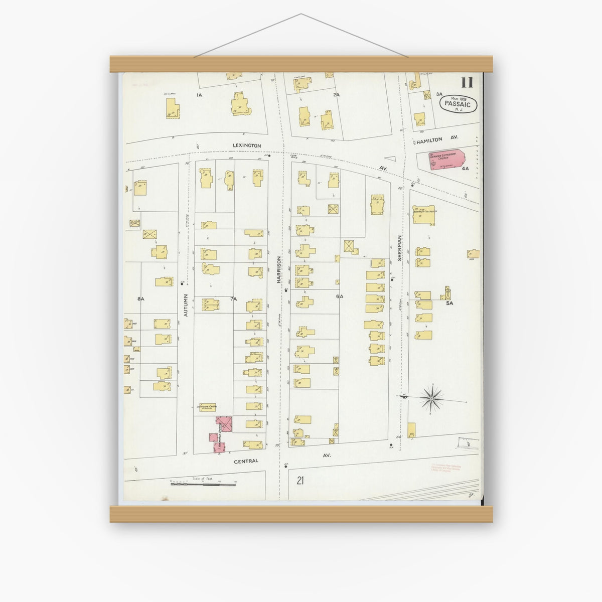 Old map wall art mockup — magnetic wood frame on white wall — Sanborn Fire Insurance Map from Passaic, Passaic County, New Jersey (1899), Sheet #0011