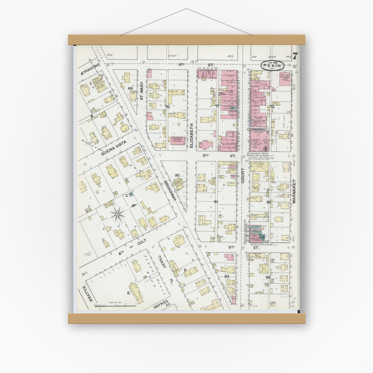 Old map wall art mockup — magnetic wood frame on white wall — Sanborn Fire Insurance Map from Pekin, Tazewell County, Illinois (1892), Sheet #0007