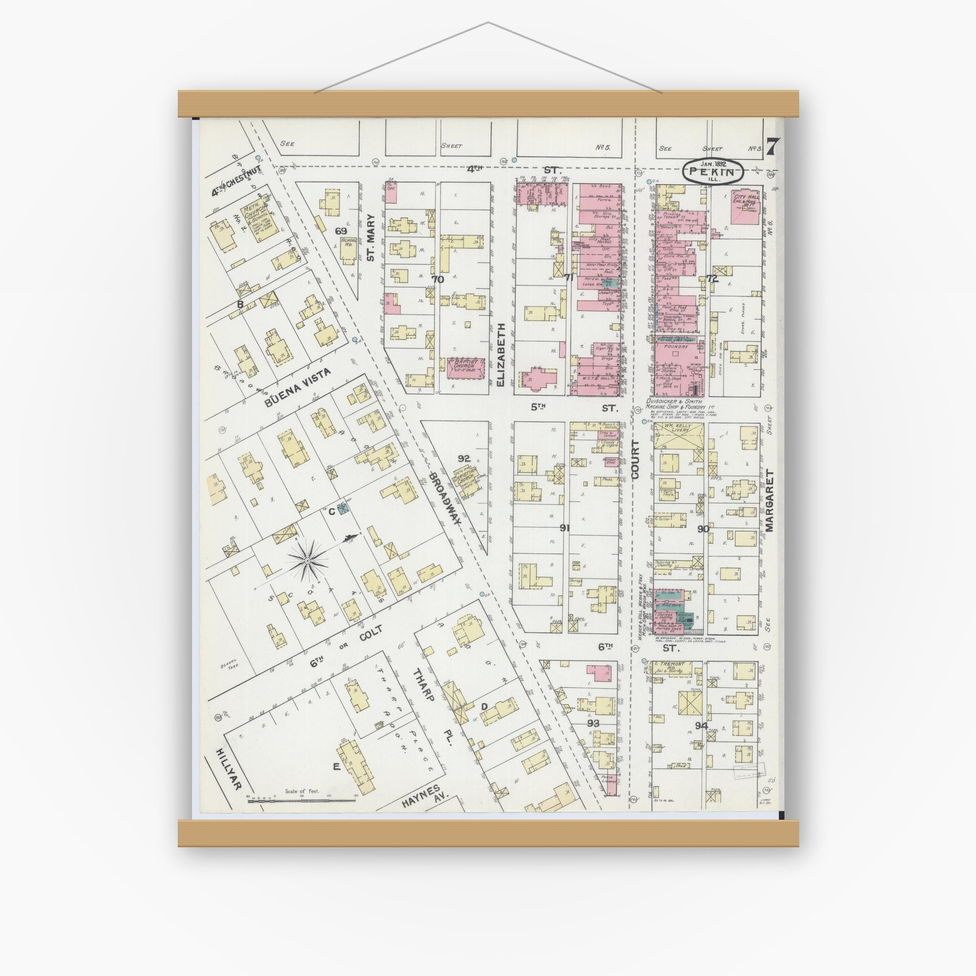 Old map wall art mockup — magnetic wood frame on white wall — Sanborn Fire Insurance Map from Pekin, Tazewell County, Illinois (1892), Sheet #0007