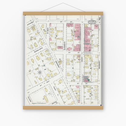 Old map wall art mockup — magnetic wood frame on white wall — Sanborn Fire Insurance Map from Pekin, Tazewell County, Illinois (1892), Sheet #0007