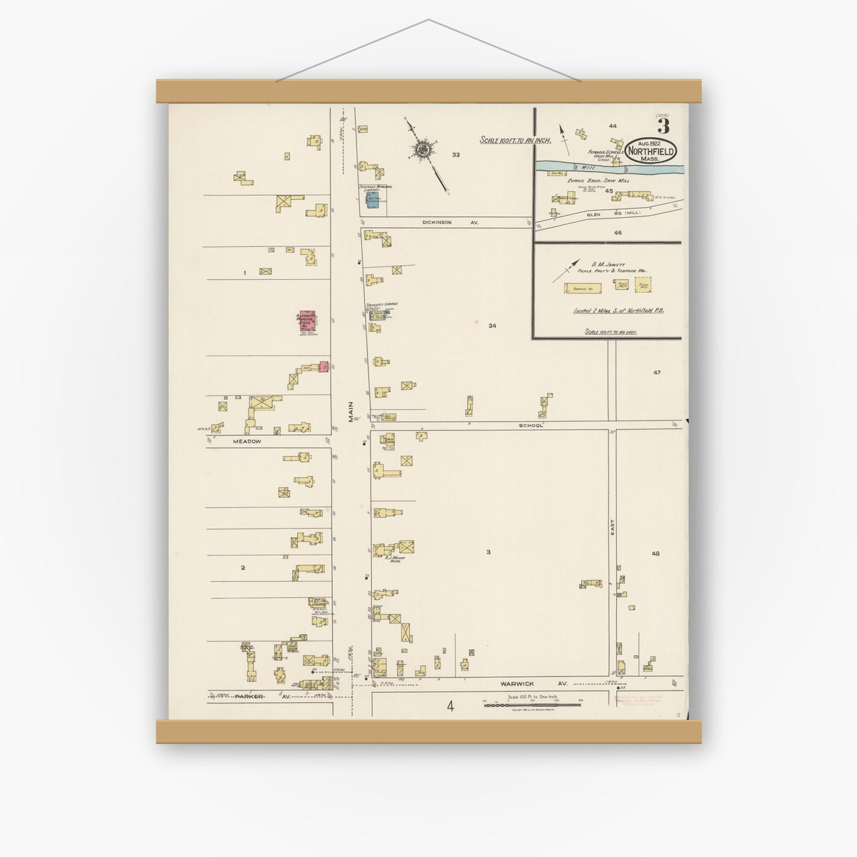 Old map wall art mockup — magnetic wood frame on white wall — Sanborn Fire Insurance Map from Northfield, Franklin County, Massachusetts (1922), Sheet #0003