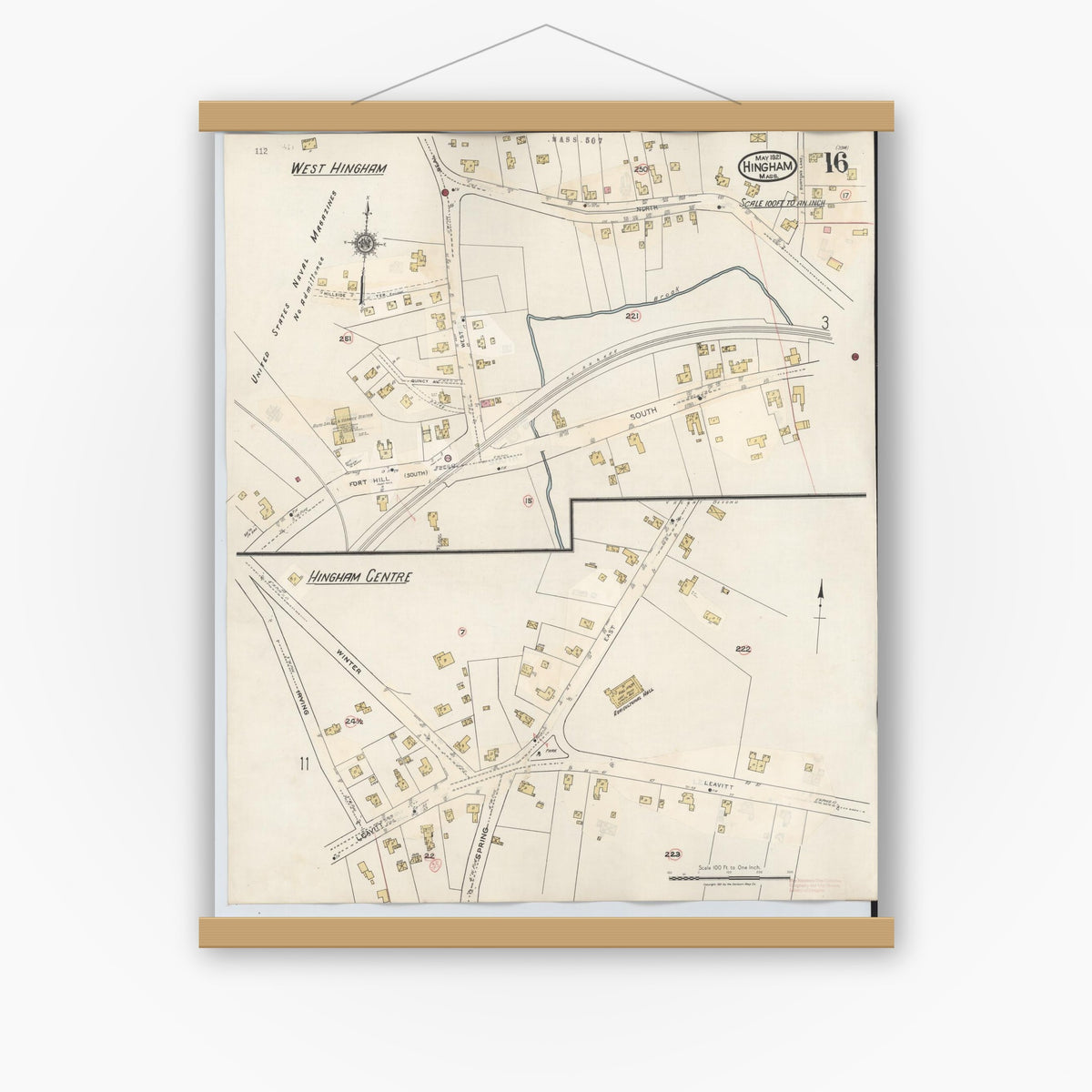 Old map wall art mockup — magnetic wood frame on white wall — Sanborn Fire Insurance Map from Hingham, Plymouth County, Massachusetts (1948), Sheet #0016