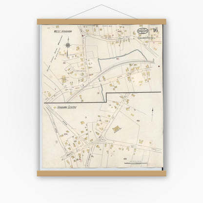Old map wall art mockup — magnetic wood frame on white wall — Sanborn Fire Insurance Map from Hingham, Plymouth County, Massachusetts (1948), Sheet #0016