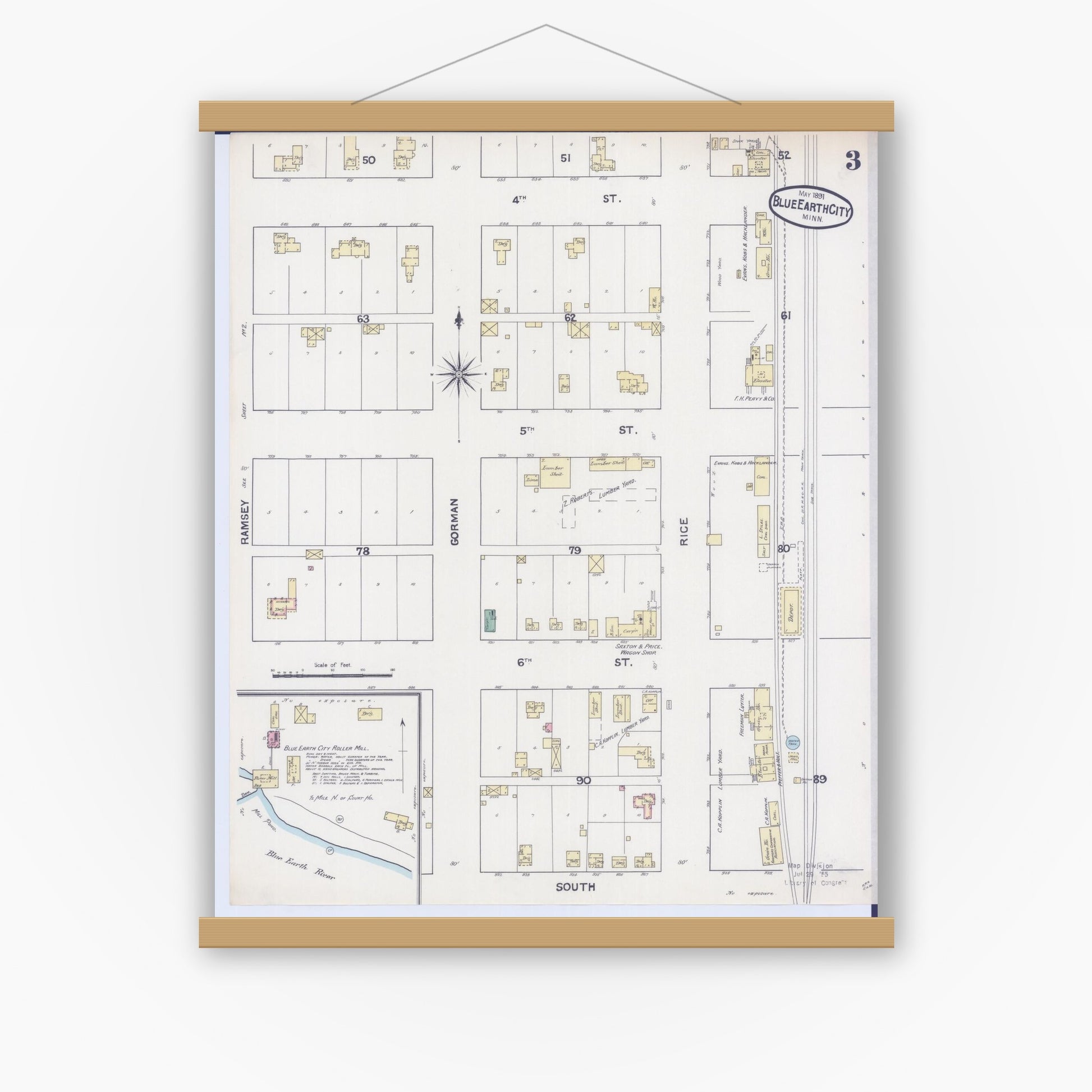 Old map wall art mockup — magnetic wood frame on white wall — Sanborn Fire Insurance Map from Blue Earth, Faribault County, Minnesota (1891), Sheet #0003
