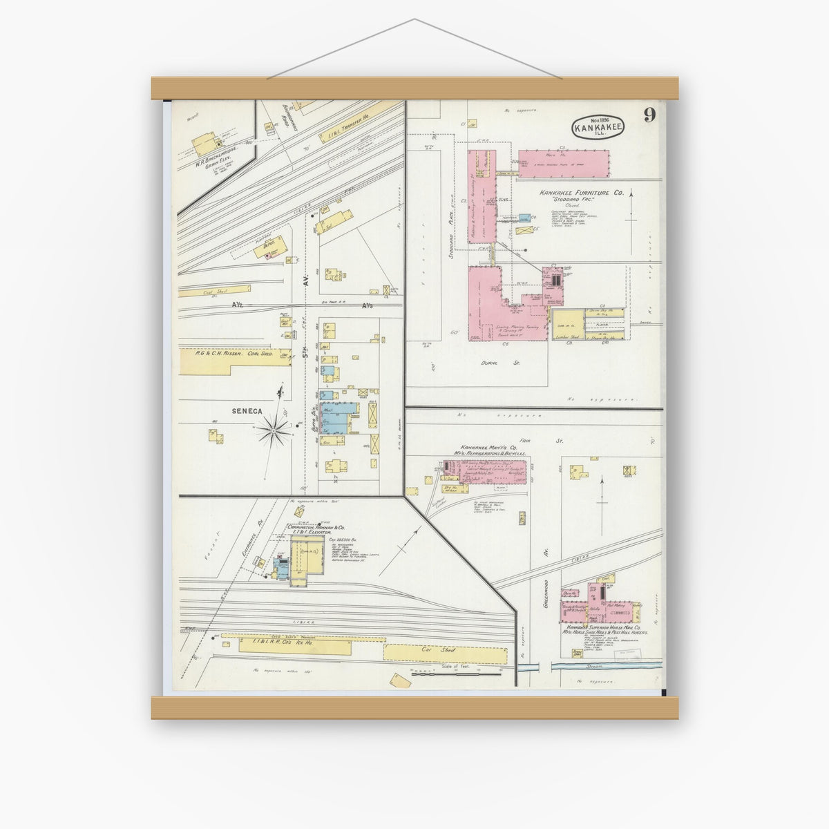Old map wall art mockup — magnetic wood frame on white wall — Sanborn Fire Insurance Map from Kankakee, Kankakee County, Illinois (1896), Sheet #0009