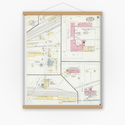 Old map wall art mockup — magnetic wood frame on white wall — Sanborn Fire Insurance Map from Kankakee, Kankakee County, Illinois (1896), Sheet #0009