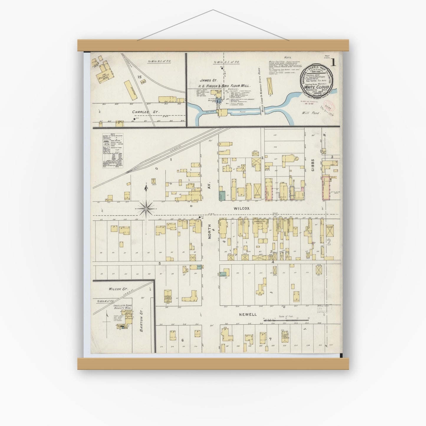 Old map wall art mockup — magnetic wood frame on white wall — Sanborn Fire Insurance Map from White Cloud, Newaygo County, Michigan (1894), Sheet #0001