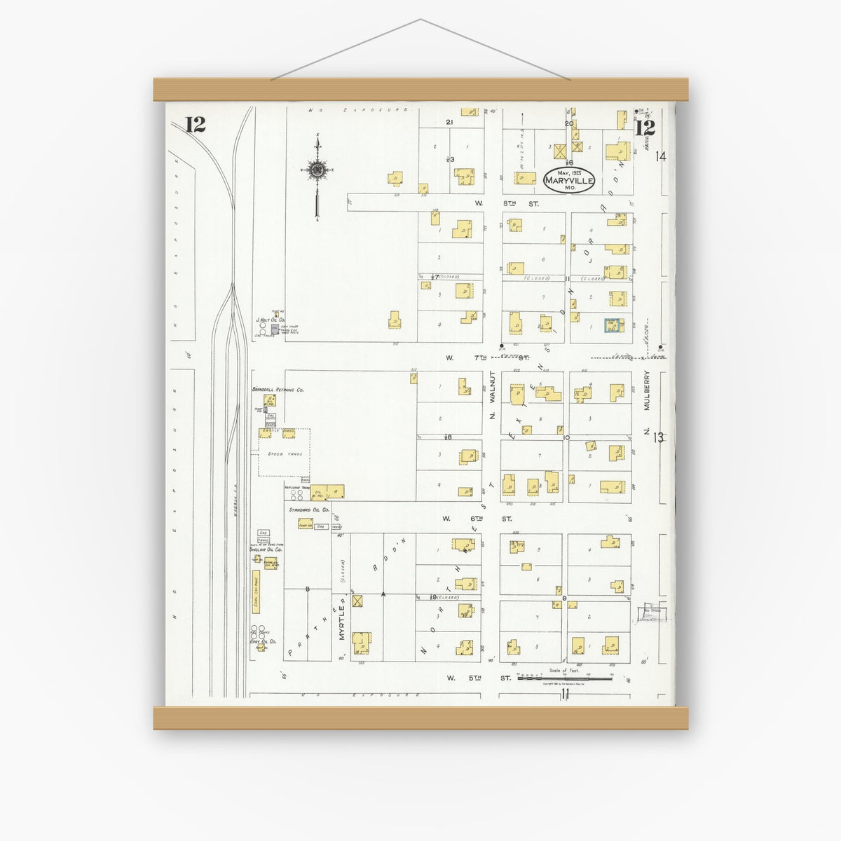 Old map wall art mockup — magnetic wood frame on white wall — Sanborn Fire Insurance Map from Maryville, Nodaway County, Missouri (1925), Sheet #0012