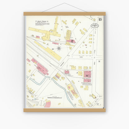 Old map wall art mockup — magnetic wood frame on white wall — Sanborn Fire Insurance Map from Saint Marys, Elk County, Pennsylvania (1909), Sheet #0013