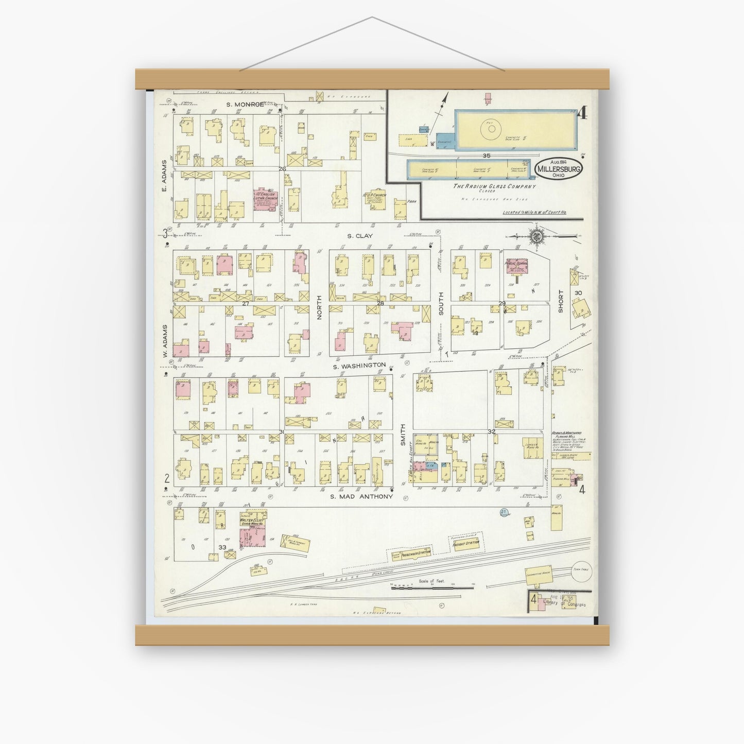 Old map wall art mockup — magnetic wood frame on white wall — Sanborn Fire Insurance Map from Millersburg, Holmes County, Ohio (1914), Sheet #0004