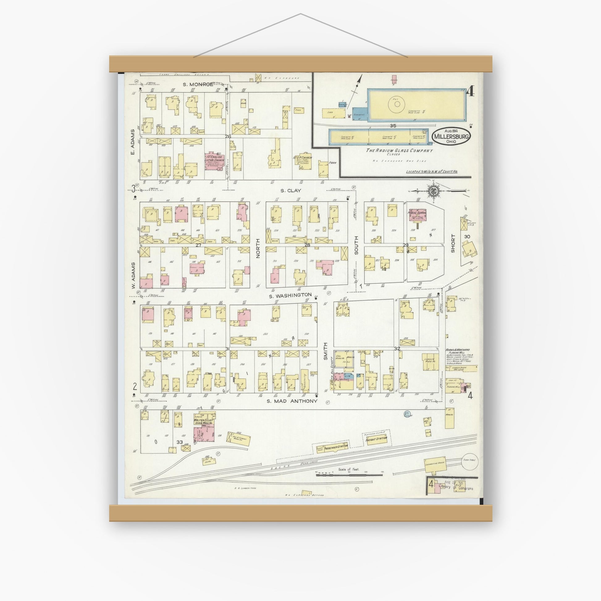 Old map wall art mockup — magnetic wood frame on white wall — Sanborn Fire Insurance Map from Millersburg, Holmes County, Ohio (1914), Sheet #0004