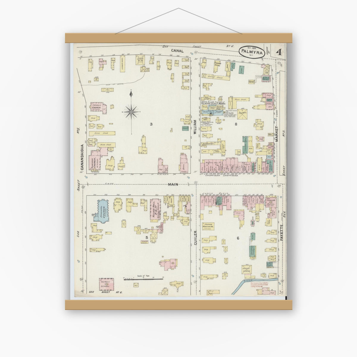 Old map wall art mockup — magnetic wood frame on white wall — Sanborn Fire Insurance Map from Palmyra, Wayne County, New York (1889), Sheet #0004