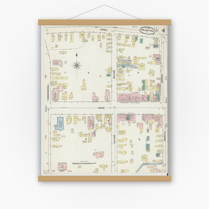 Old map wall art mockup — magnetic wood frame on white wall — Sanborn Fire Insurance Map from Palmyra, Wayne County, New York (1889), Sheet #0004