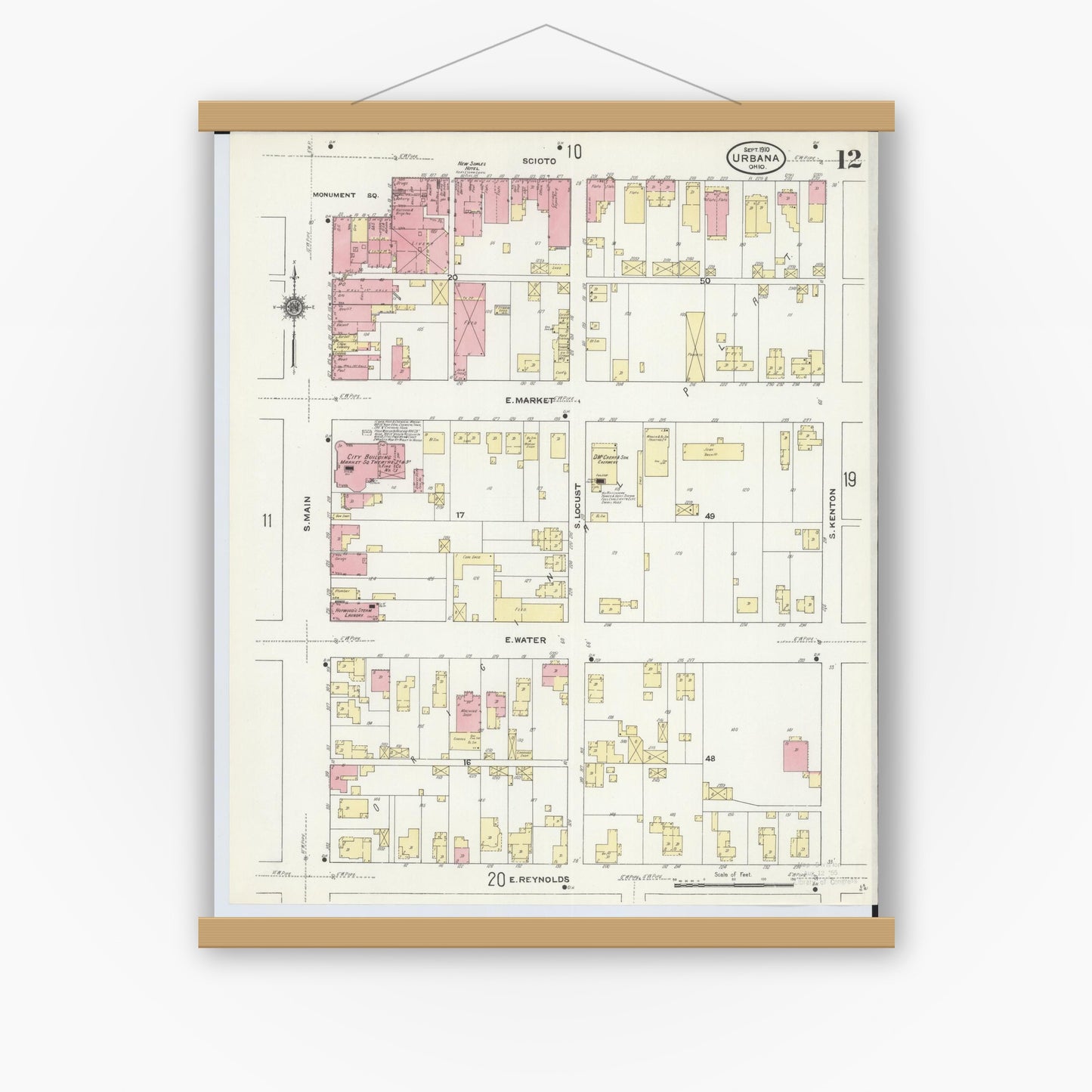 Old map wall art mockup — magnetic wood frame on white wall — Sanborn Fire Insurance Map from Urbana, Champaign County, Ohio (1910), Sheet #0012